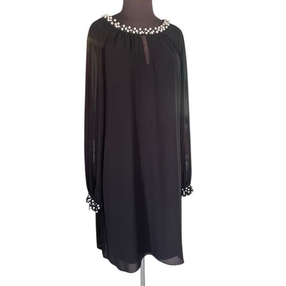 SLNY Pearl Trim Sheer Sleeve Shift Dress 18 Flowy Ladylike Feminine Whimsy - Picture 1 of 7